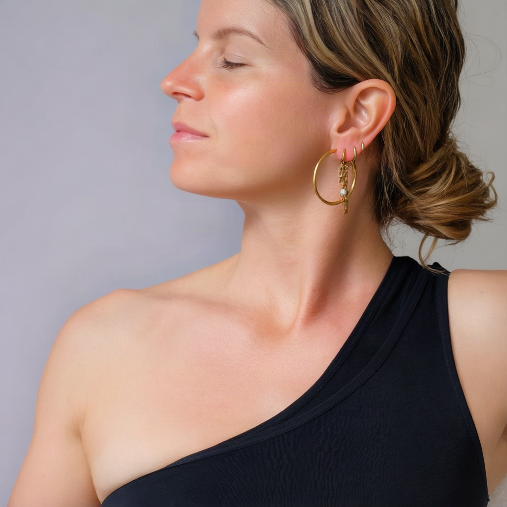 A woman in profile wearing a pair of gold hoop earrings with small dangling charms, shown against a plain light gray background.