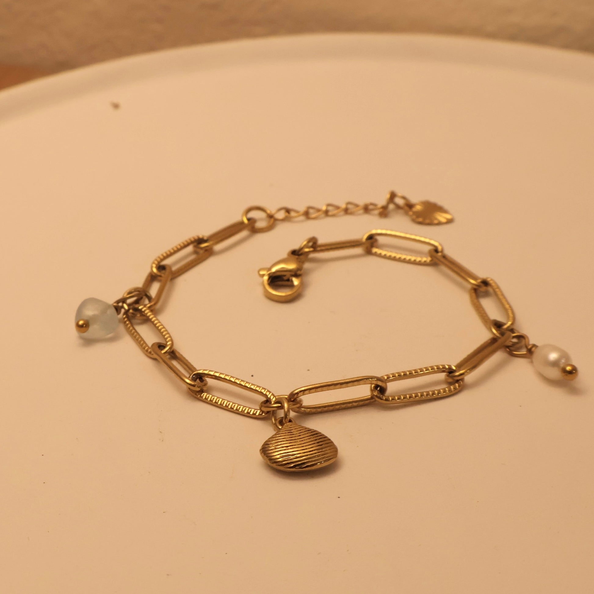 Bracelet with Aquamarine Pearl Gold Charms