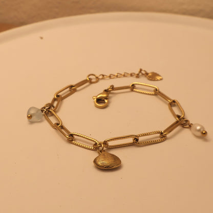 Bracelet with Aquamarine Pearl Gold Charms