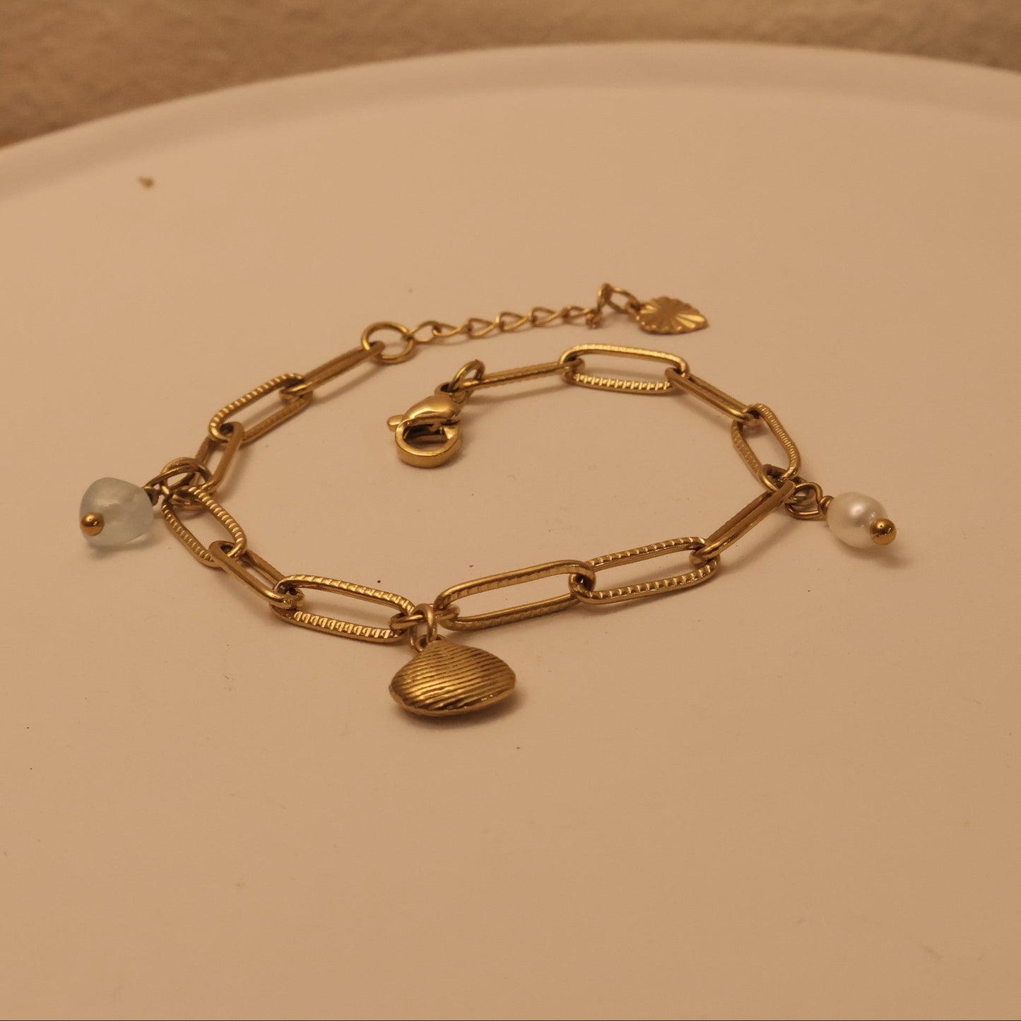 Bracelet with Aquamarine Pearl Gold Charms