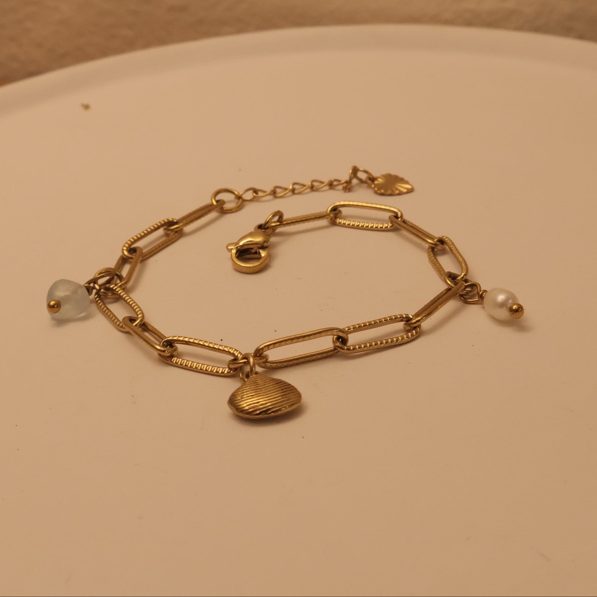 Bracelet with Aquamarine Pearl Gold Charms