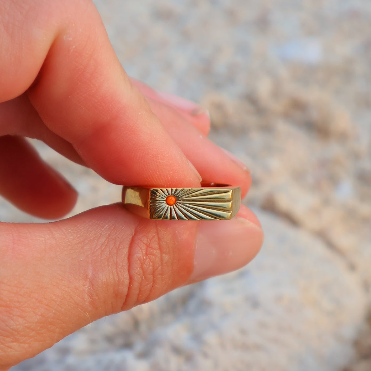 Hand holding a small decorative object against a blurred natural background