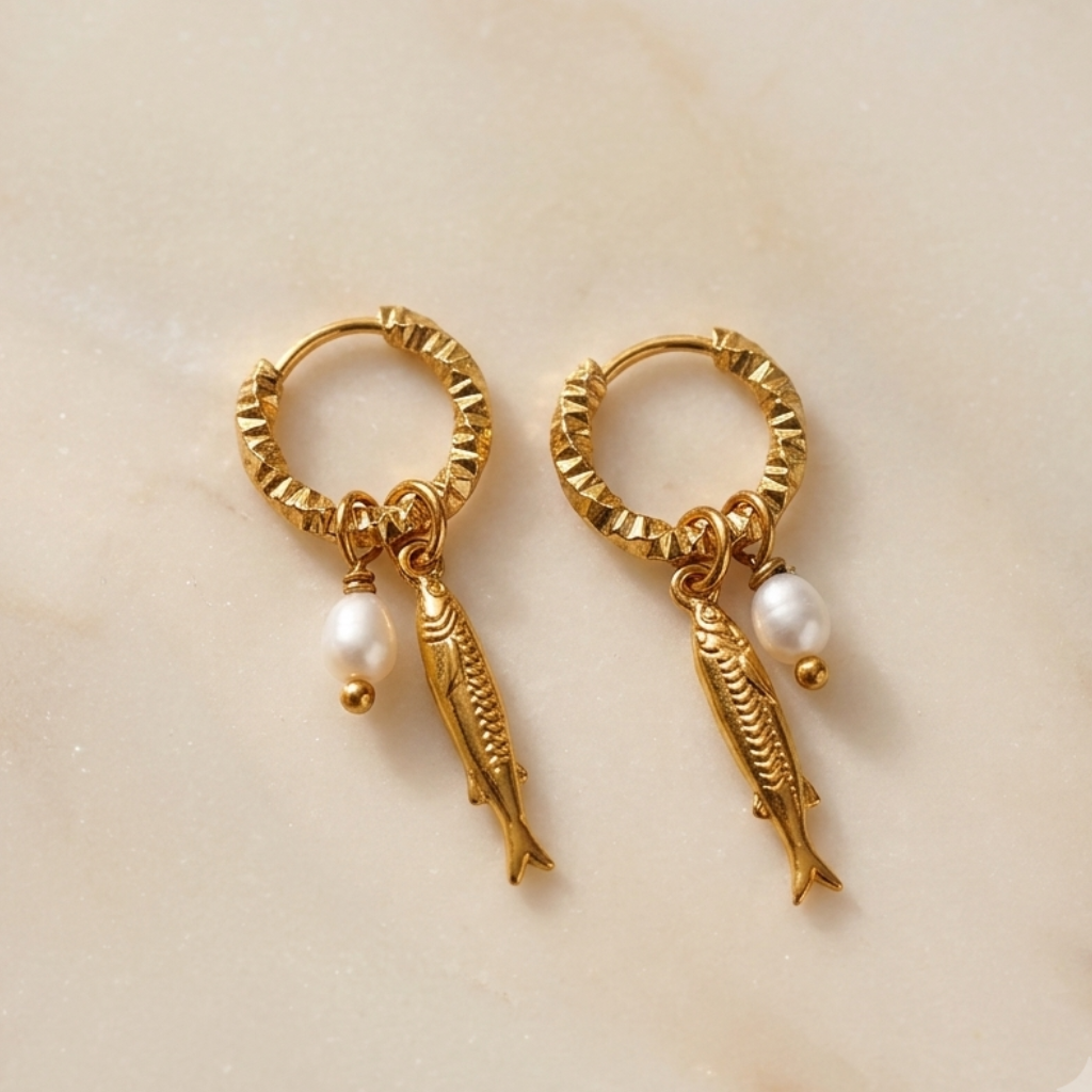 Fish Earrings gold with pearl 
