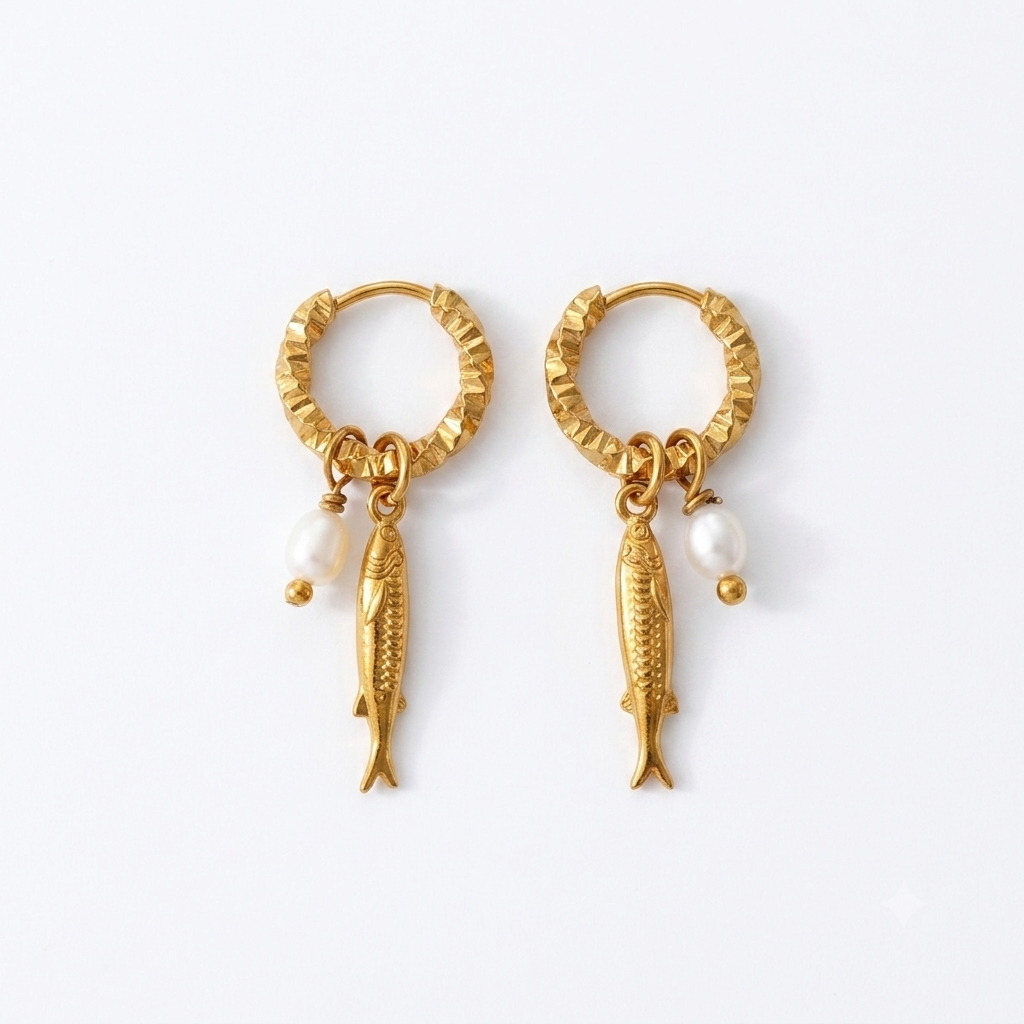 A pair of gold hoop earrings with textured rims, dangling fish charms, and small white pearl beads, shown on a plain white background.