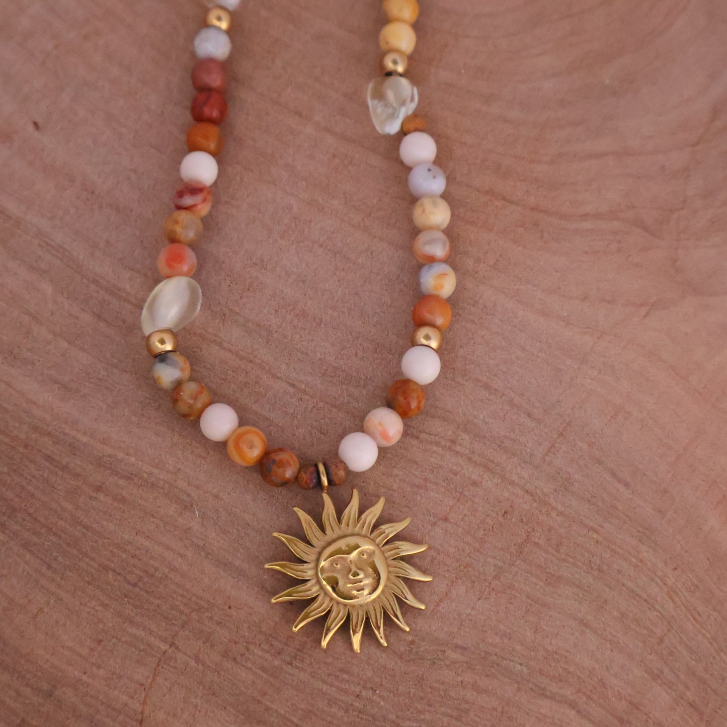 Sun Choker Necklace Gold - Crazy Lace Agate 