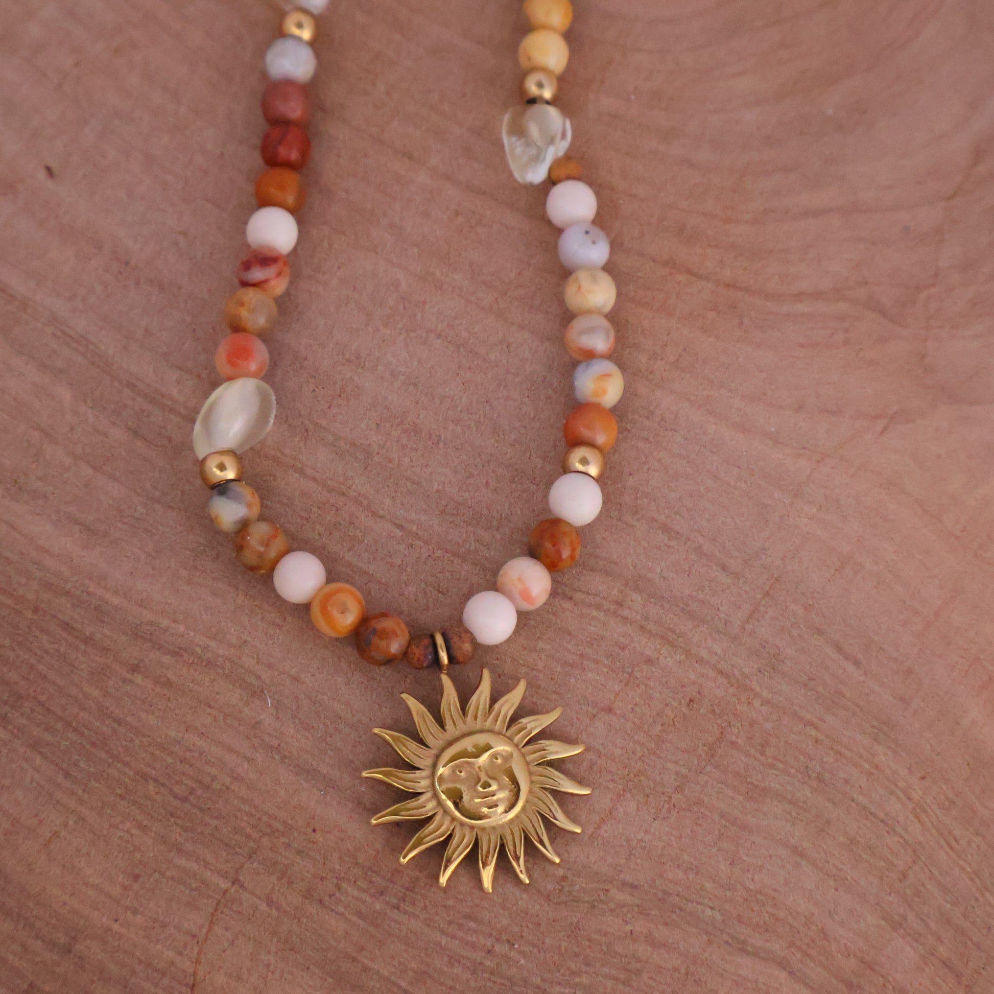 Sun Choker Necklace Gold - Crazy Lace Agate 