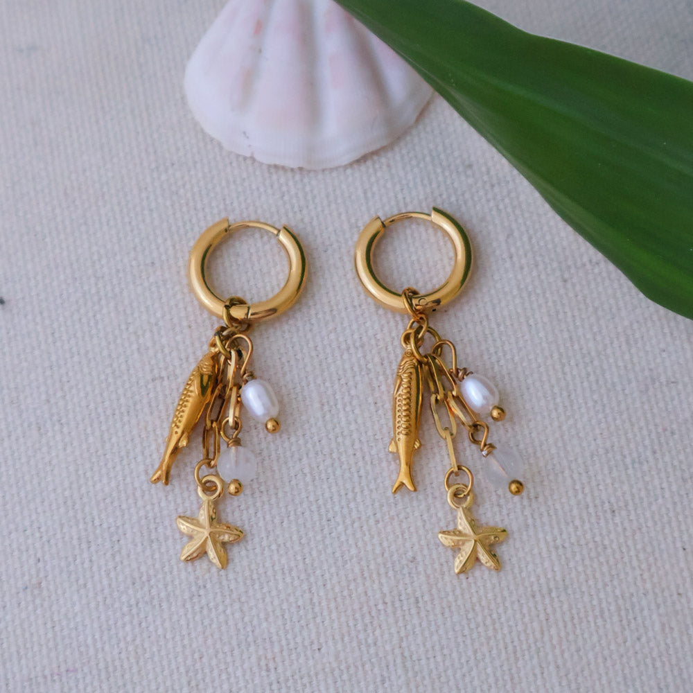 Fish Dangly Earrings - Moonstone & Pearl