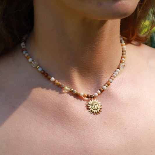Sun Choker Necklace Gold - Crazy Lace Agate 