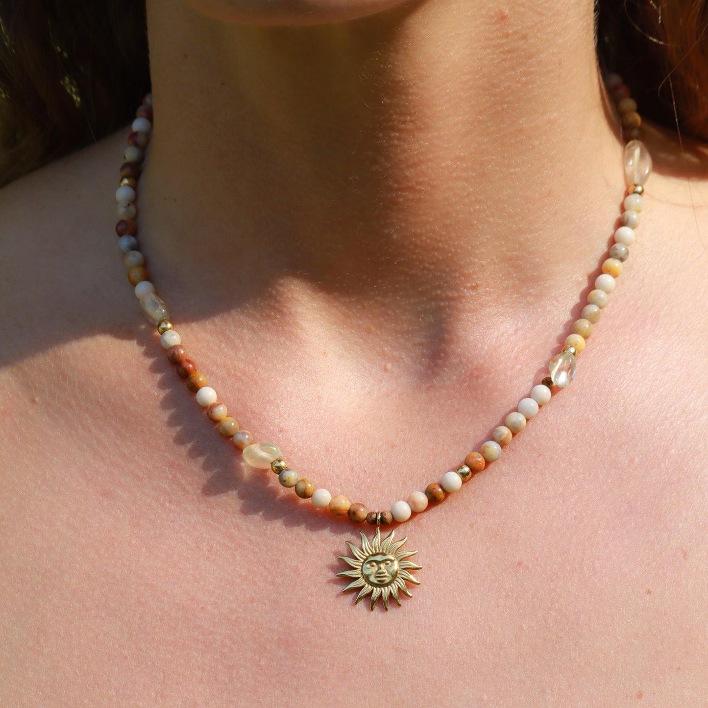 Sun Choker Necklace Gold - Crazy Lace Agate 