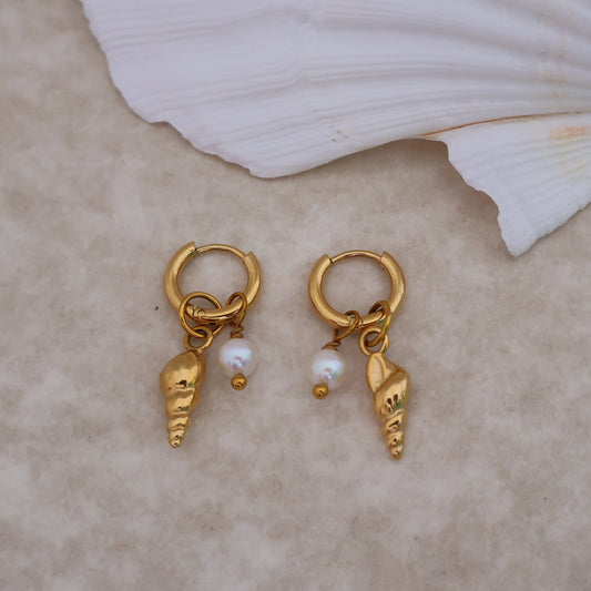 Gold Shell and freshwaterpearl Earrings