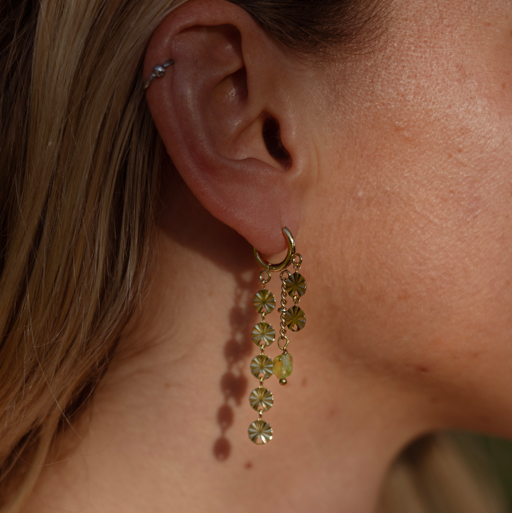 A close-up of a person's ear wearing a gold huggie hoop earring with dangling floral starburst charms in gold and olive green, with blonde hair and skin visible.