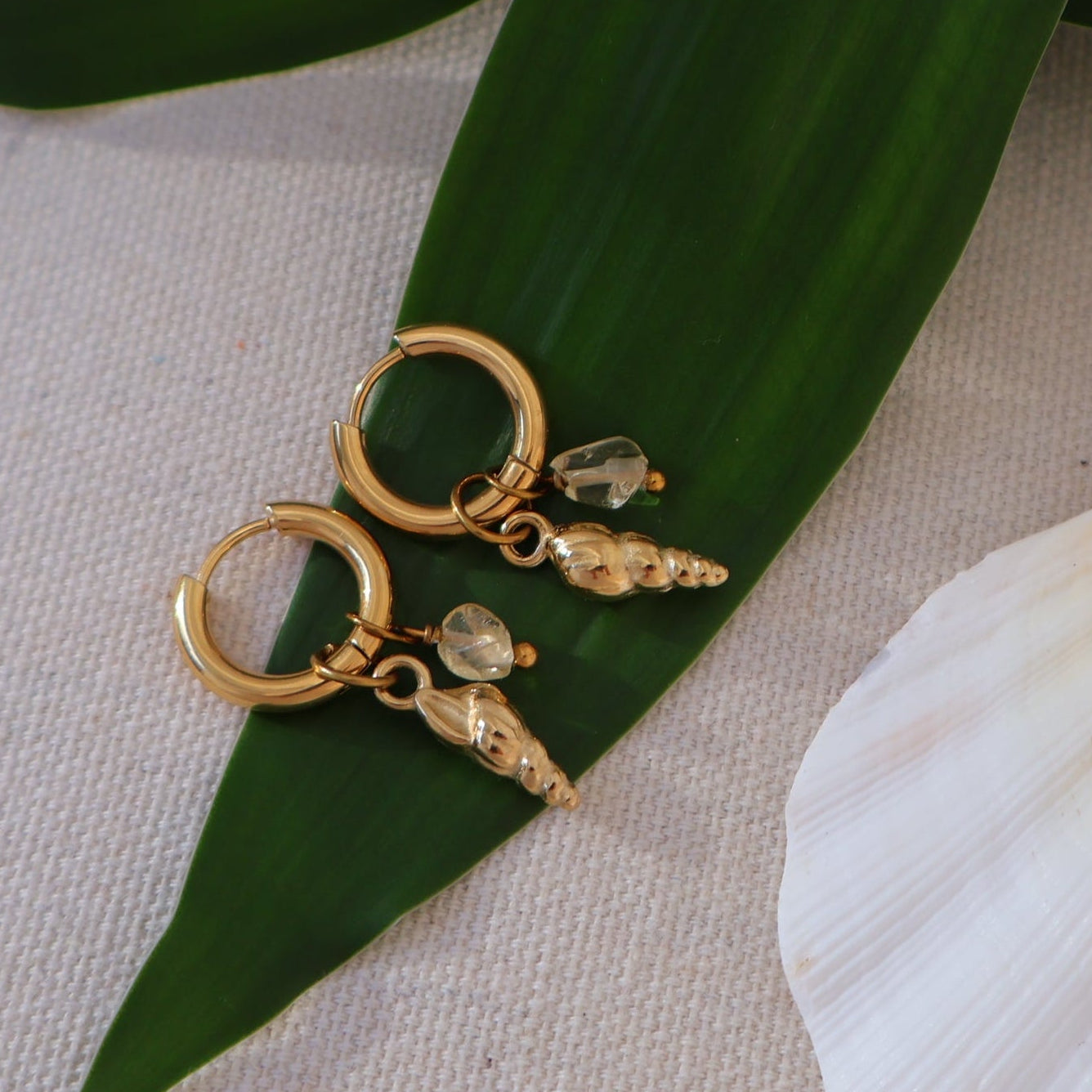 Gold earrings with gemstones on a leaf next to a shell