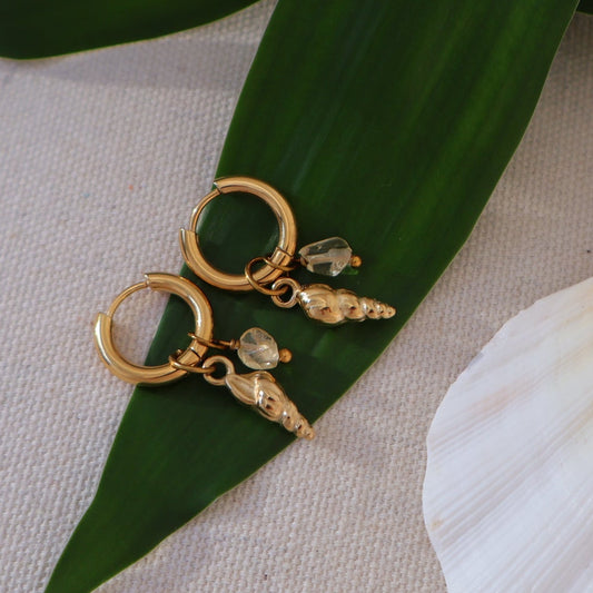 Gold earrings with gemstones on a leaf next to a shell